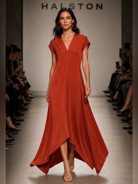 Halston Rust Orange Satin Asymmetrical Maxi Dress Handkerchief Hem V-Neck NWOT